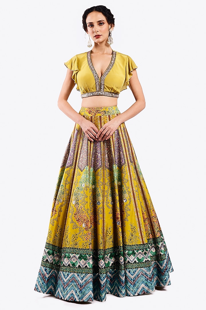 Yellow Crepe Floral & Thread Embroidered A-Line Lehenga Set by Onaya at Pernia's Pop Up Shop