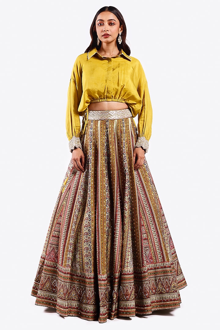 Mustard-Green Silk Sequin Embellished A-Line Lehenga Set by Onaya at Pernia's Pop Up Shop