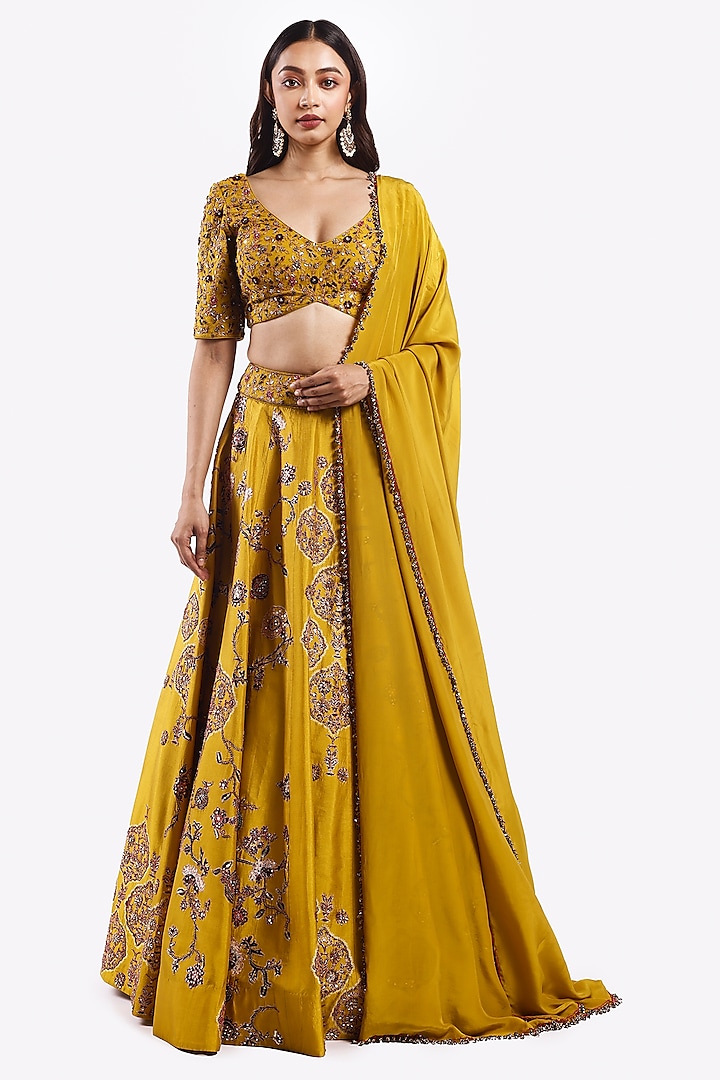 Mustard Crepe Zari & Sequin Embellished A-Line Wedding Lehenga Set by Onaya at Pernia's Pop Up Shop