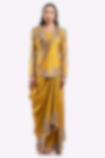 Mustard Silk Floral Embellished Draped Skirt Set by Onaya at Pernia's Pop Up Shop