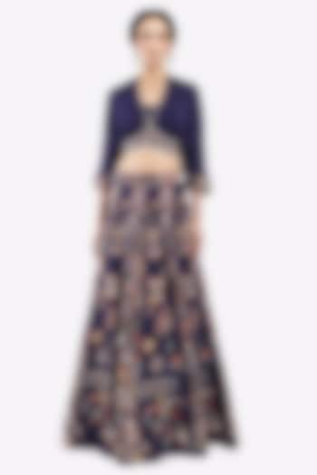 Blue Crepe Floral Motif & Sequin Embellished A-Line Skirt Set by Onaya at Pernia's Pop Up Shop