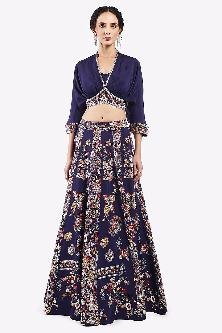 Blue Crepe Floral Motif & Sequin Embellished A-Line Skirt Set by Onaya at Pernia's Pop Up Shop