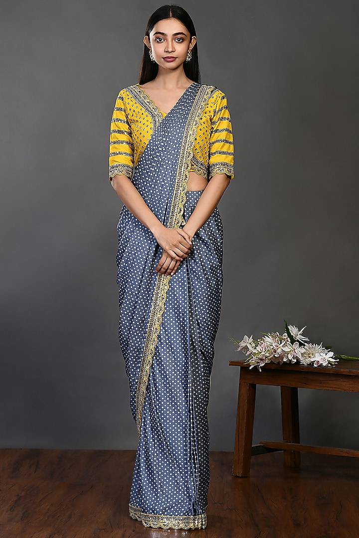 Bluish Grey Embroidered Saree Set by Onaya