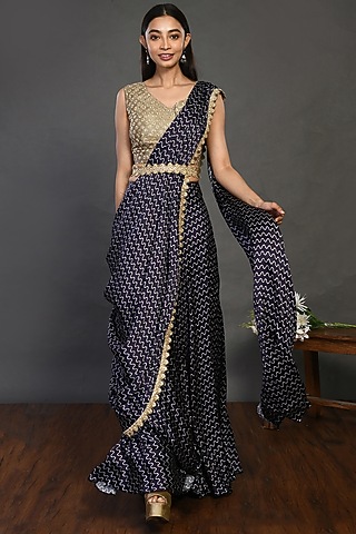 Midnight Blue Embroidered Saree Set by Onaya