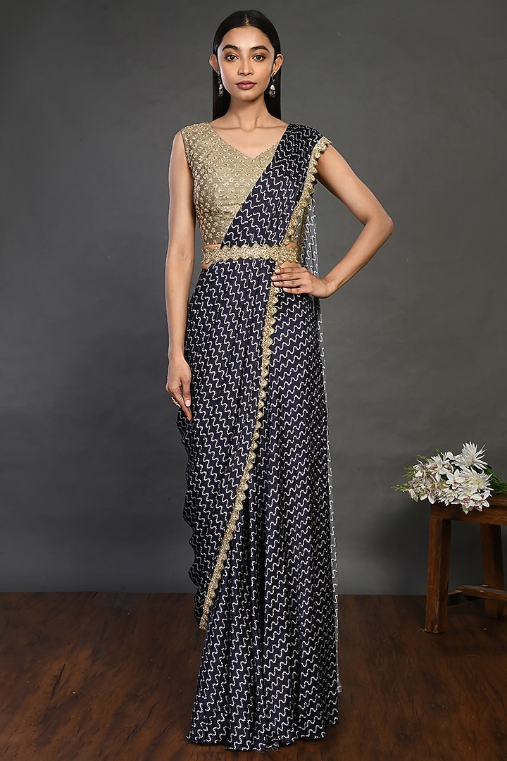 Midnight Blue Embroidered Party Wear Saree Set by Onaya at Pernia's Pop Up Shop