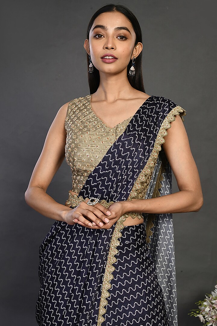 Midnight Blue Embroidered Party Wear Saree Set by Onaya at Pernia's Pop Up Shop