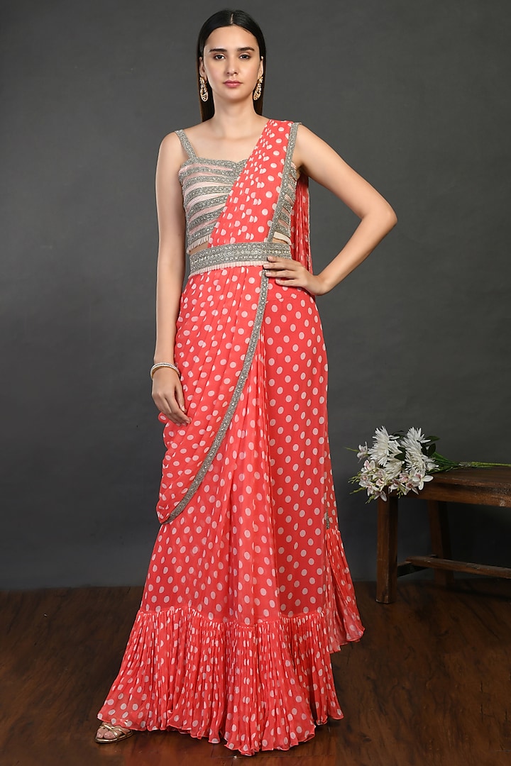 Coral Embroidered Saree Set by Onaya