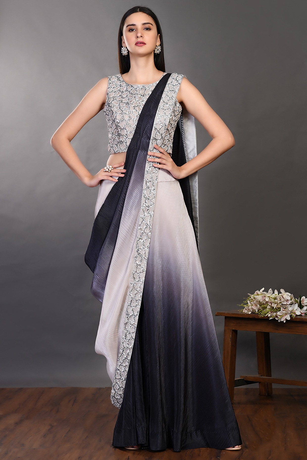 Buy Party Wear Grey Black Sequins Work Fancy Lycra Saree Online From Surat  Wholesale Shop.