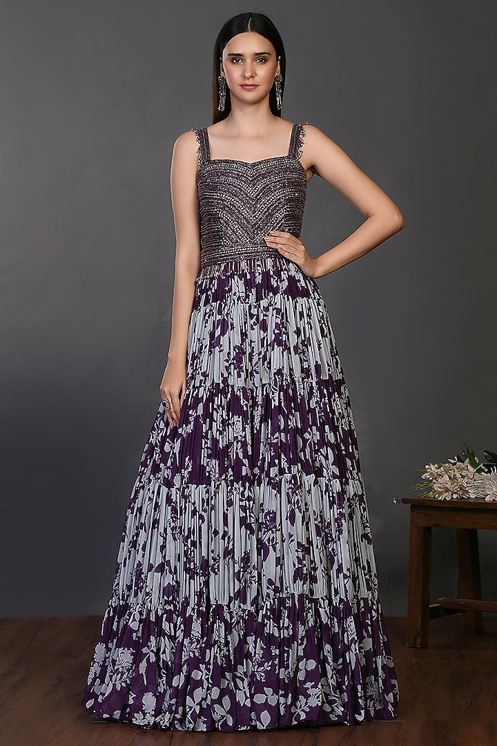 Purple Printed & Embroidered Gown by Onaya