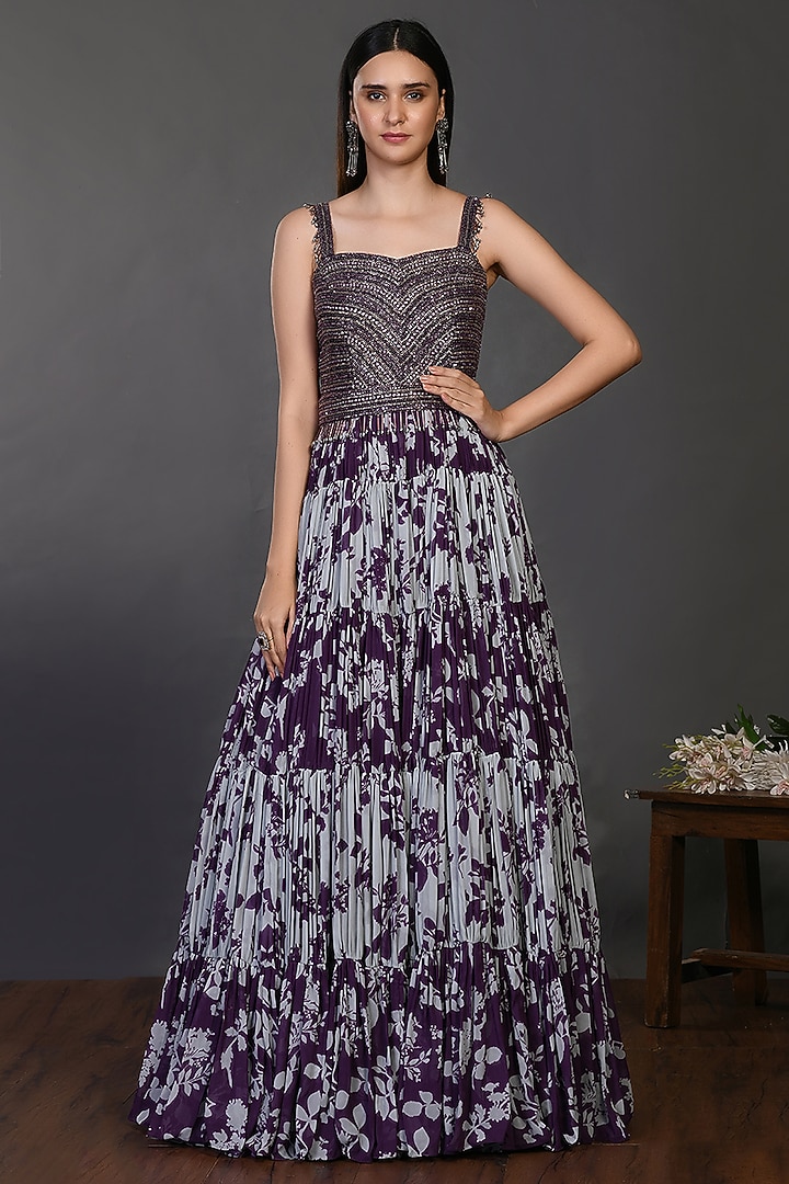 Purple Printed & Embroidered Party Wear Gown by Onaya at Pernia's Pop Up Shop