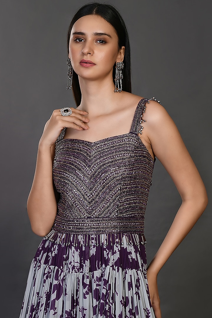 Purple Printed & Embroidered Party Wear Gown by Onaya at Pernia's Pop Up Shop