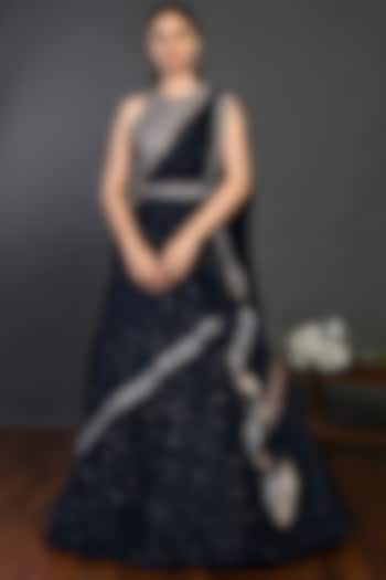 Navy Blue Embroidered Wedding Lehenga Set by Onaya at Pernia's Pop Up Shop