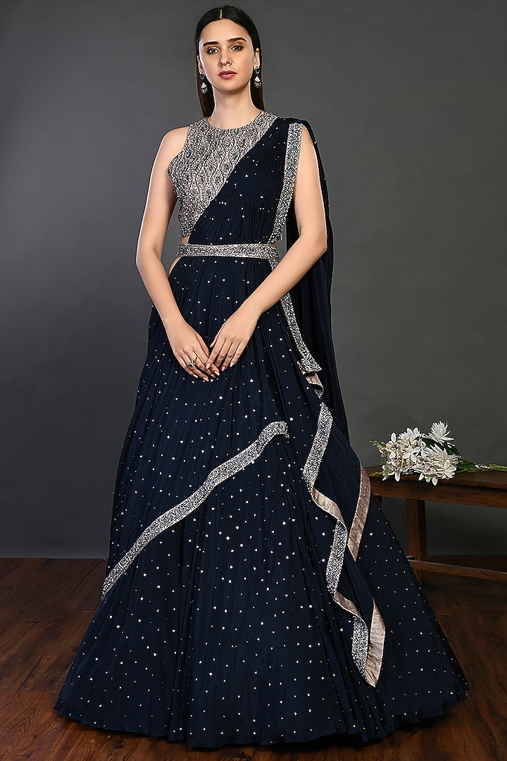 Navy Blue Embroidered Wedding Lehenga Set by Onaya at Pernia's Pop Up Shop