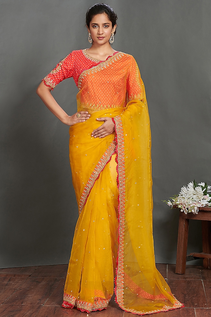 Yellow Embroidered Party Wear Saree Set by Onaya at Pernia's Pop Up Shop