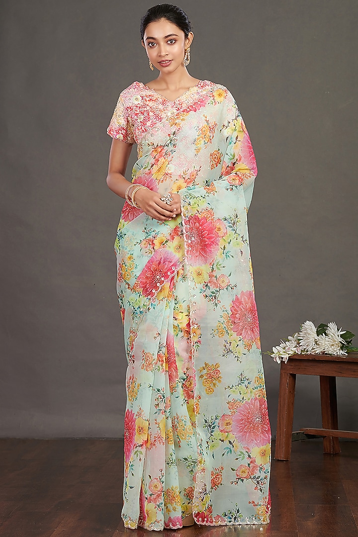 Aqua Green Embroidered Festive Saree Set by Onaya at Pernia's Pop Up Shop