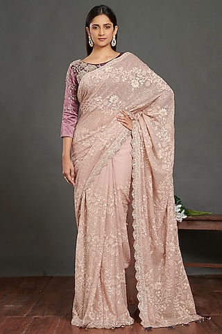 Blush Pink Embroidered Saree by Onaya