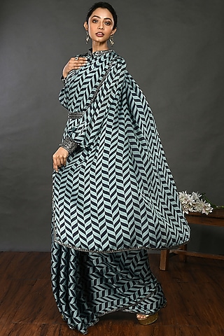 Navy Blue Embroidered Saree Set by Onaya