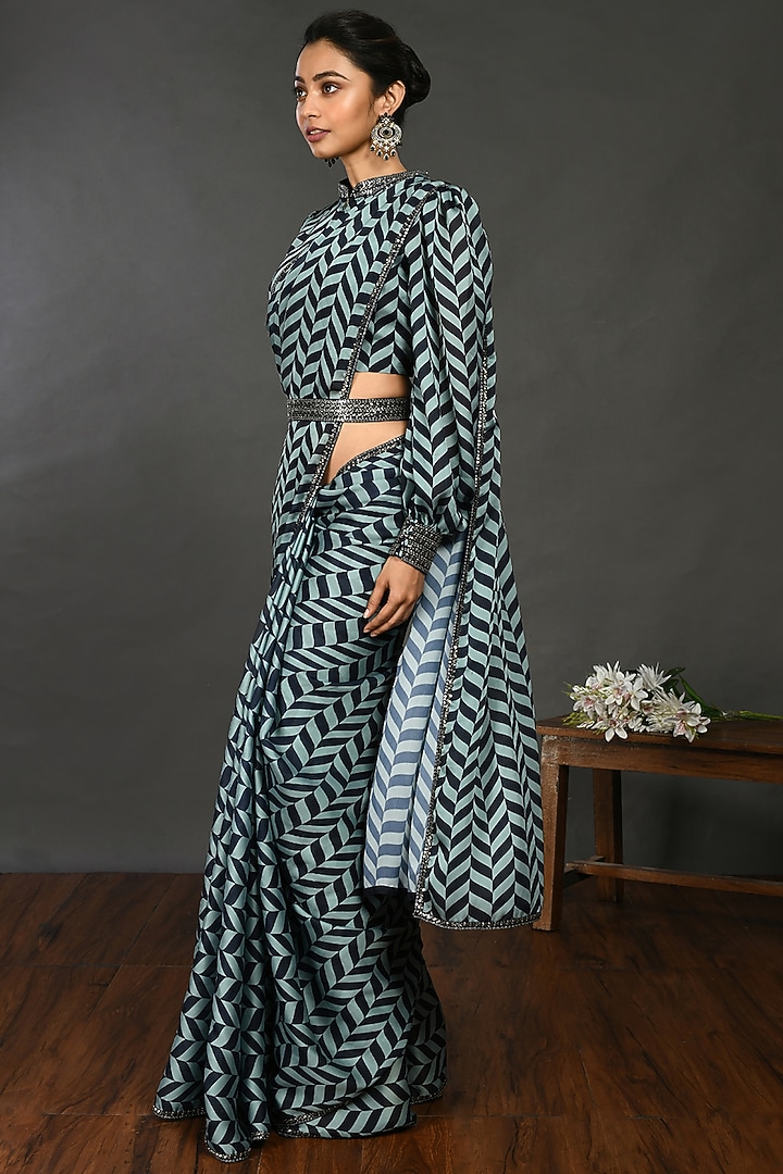 Navy Blue Embroidered Festive Saree Set by Onaya at Pernia's Pop Up Shop