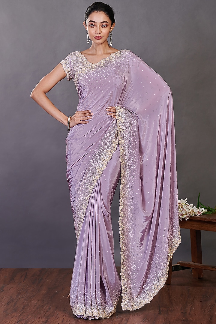 Lavender Embroidered Party Wear Saree Set by Onaya at Pernia's Pop Up Shop