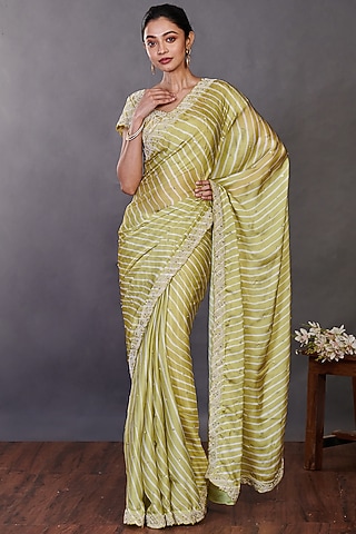 Light Olive Embroidered Saree Set by Onaya