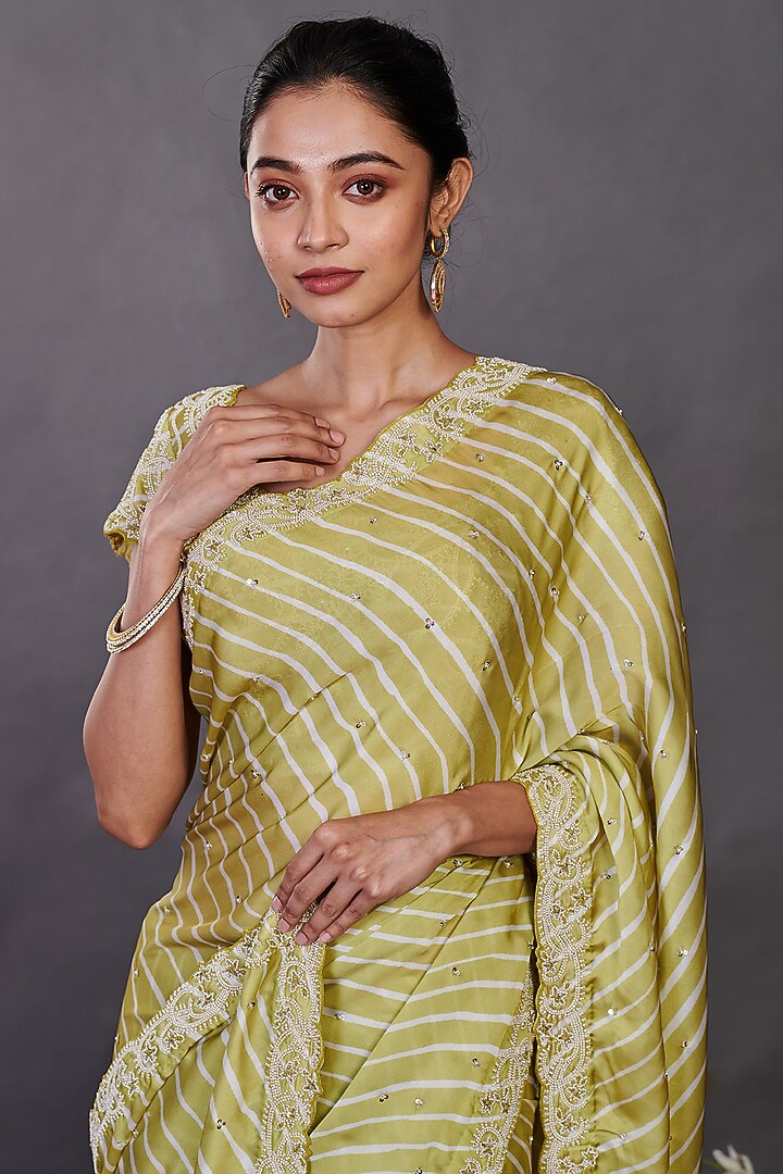 Light Olive Embroidered Party Wear Saree Set by Onaya at Pernia's Pop Up Shop