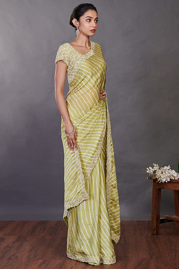 Light Olive Embroidered Party Wear Saree Set by Onaya at Pernia's Pop Up Shop