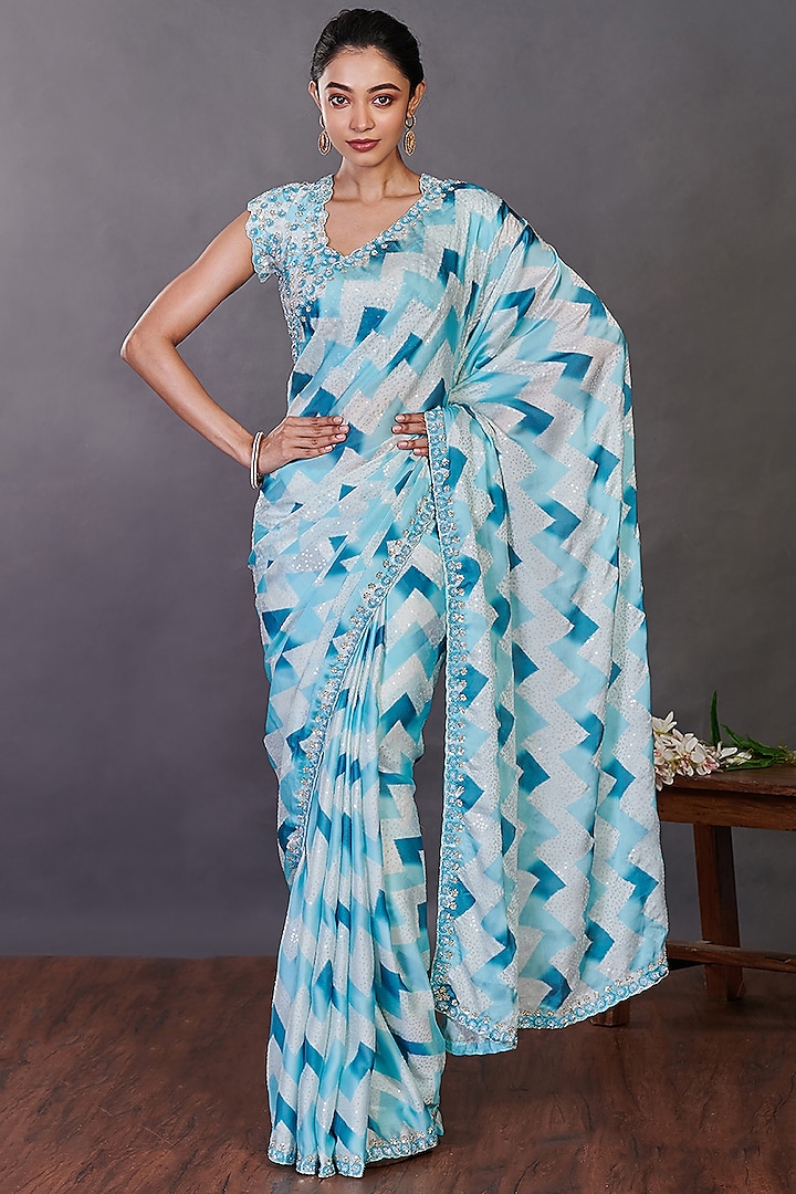 Aqua Embroidered Saree Set by Onaya at Pernia's Pop Up Shop