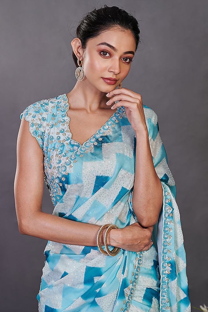 Aqua Embroidered Festive Saree Set by Onaya at Pernia's Pop Up Shop
