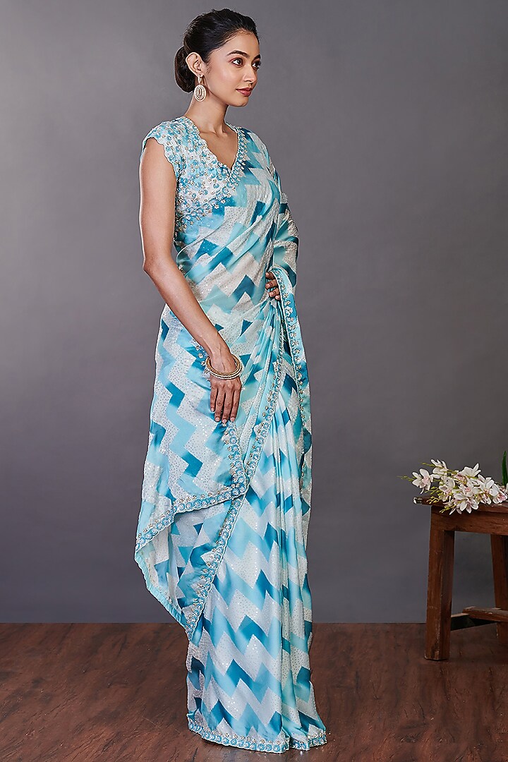 Aqua Embroidered Festive Saree Set by Onaya at Pernia's Pop Up Shop