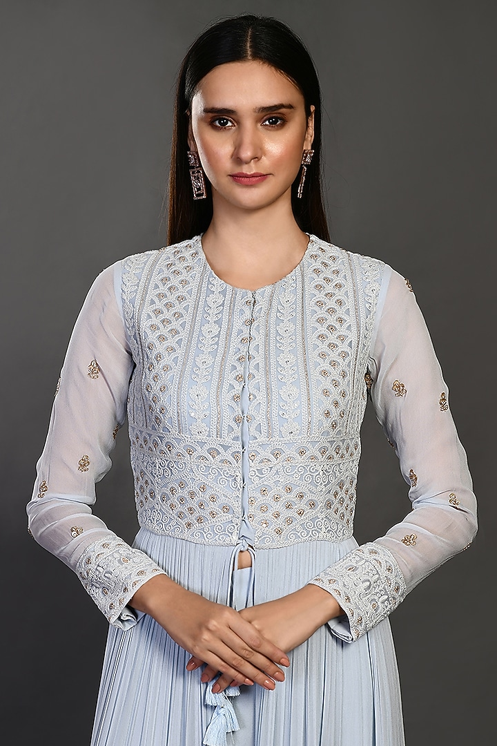 Powder Blue Embroidered Anarkali Set by Onaya at Pernia's Pop Up Shop