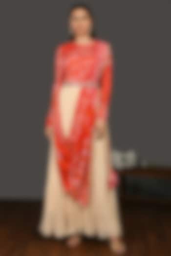 Red & Beige Embroidered Draped Vacation Dress by Onaya at Pernia's Pop Up Shop