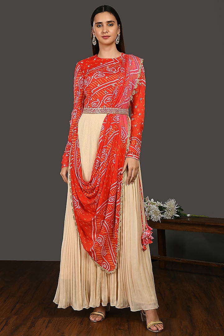 Red & Beige Embroidered Draped Vacation Dress by Onaya at Pernia's Pop Up Shop