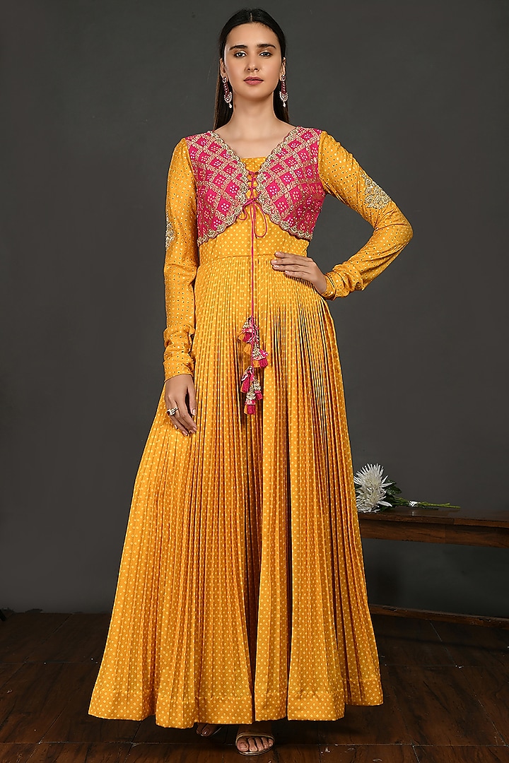 Mustard & Pink Embroidered Gown by Onaya