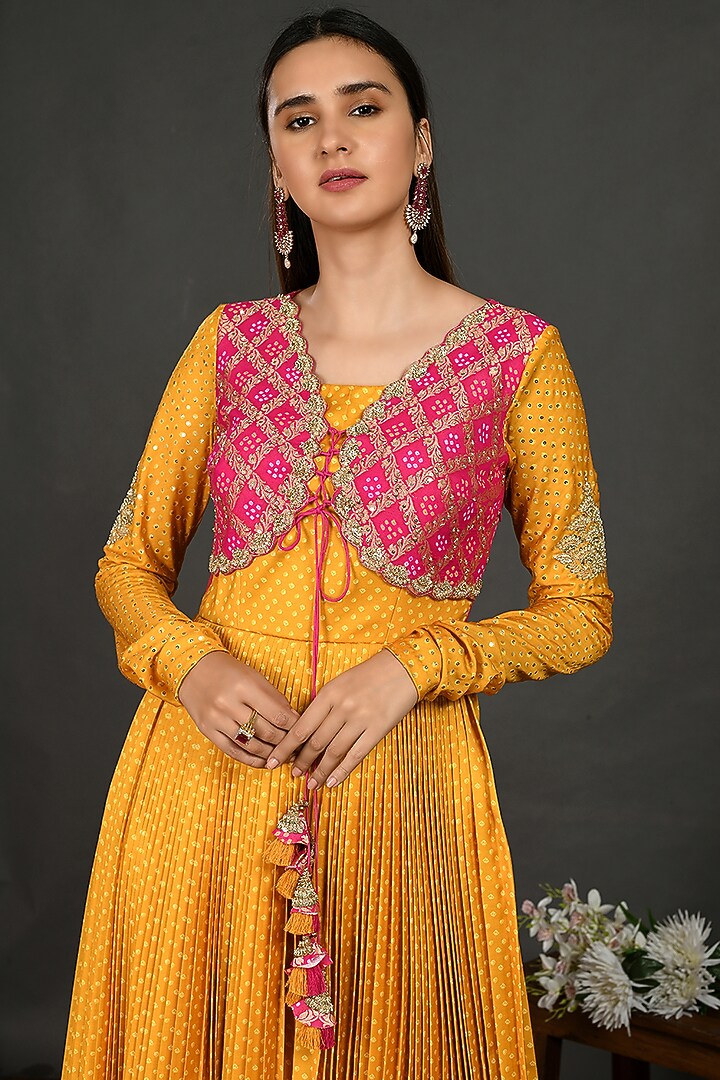 Mustard & Pink Embroidered Party Wear Gown by Onaya at Pernia's Pop Up Shop