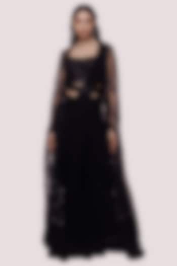 Black Georgette Pre-Stitched Jacket Saree Set by Onaya