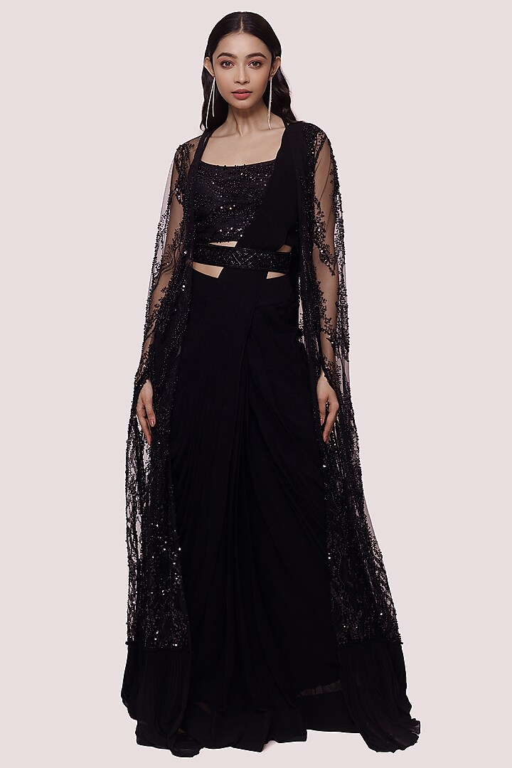 Black Georgette Pre-Stitched Jacket Saree Set by Onaya