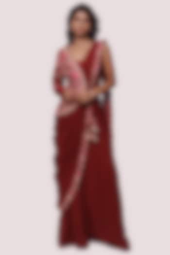 Dark Red Georgette Pre-Stitched Saree Set by Onaya