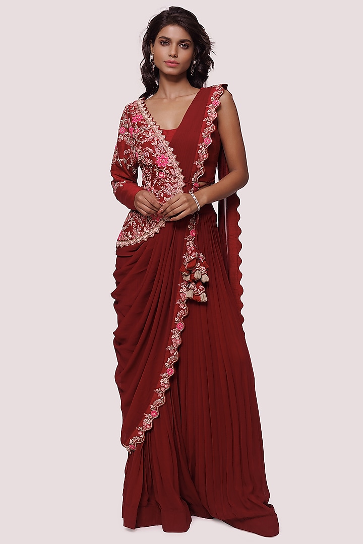 Dark Red Georgette Pre-Stitched Saree Set by Onaya