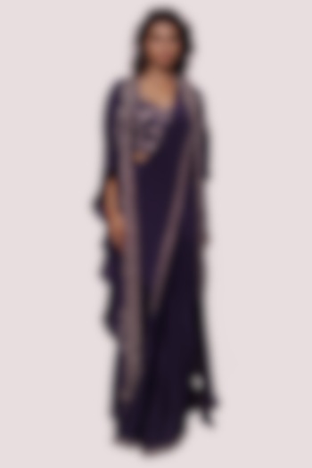 Purple Crepe Embellished Draped Jacket Wedding Saree Set by Onaya at Pernia's Pop Up Shop
