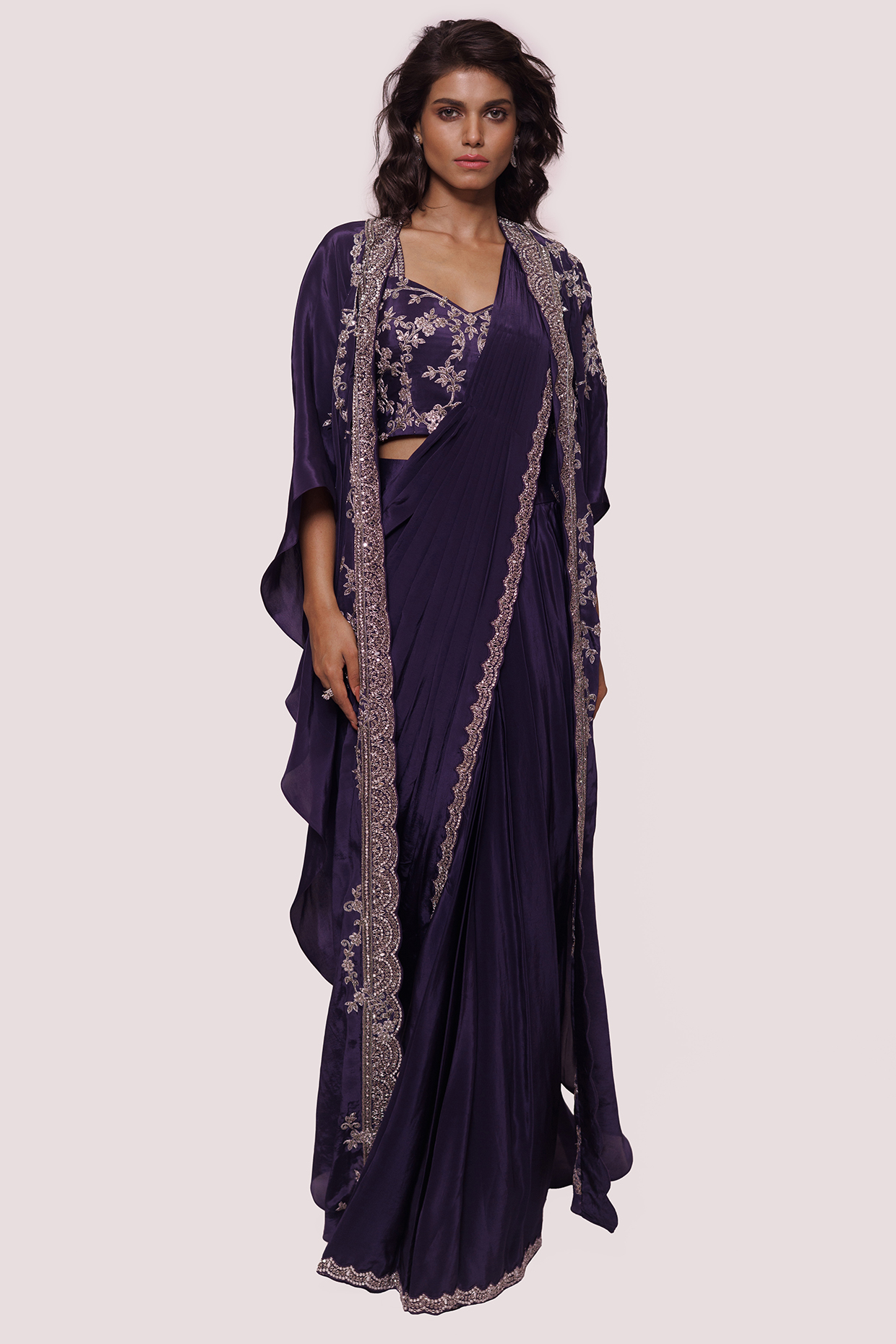 Purple Crepe Embellished Draped Jacket Wedding Saree Set by Onaya at Pernia's Pop Up Shop
