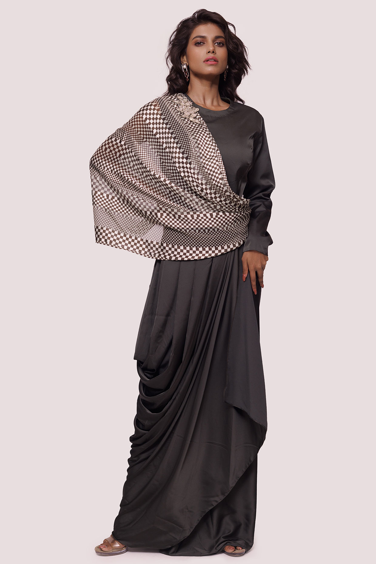 Mehendi Green Satin Printed Indowestern Dress by Onaya
