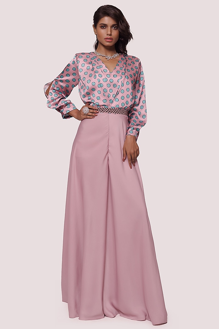 Pink Satin Printed Jumpsuit by Onaya