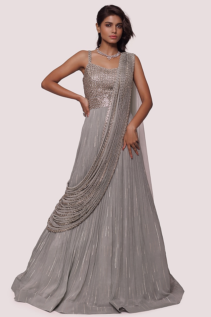 Dusky Grey Georgette Embellished Gown by Onaya