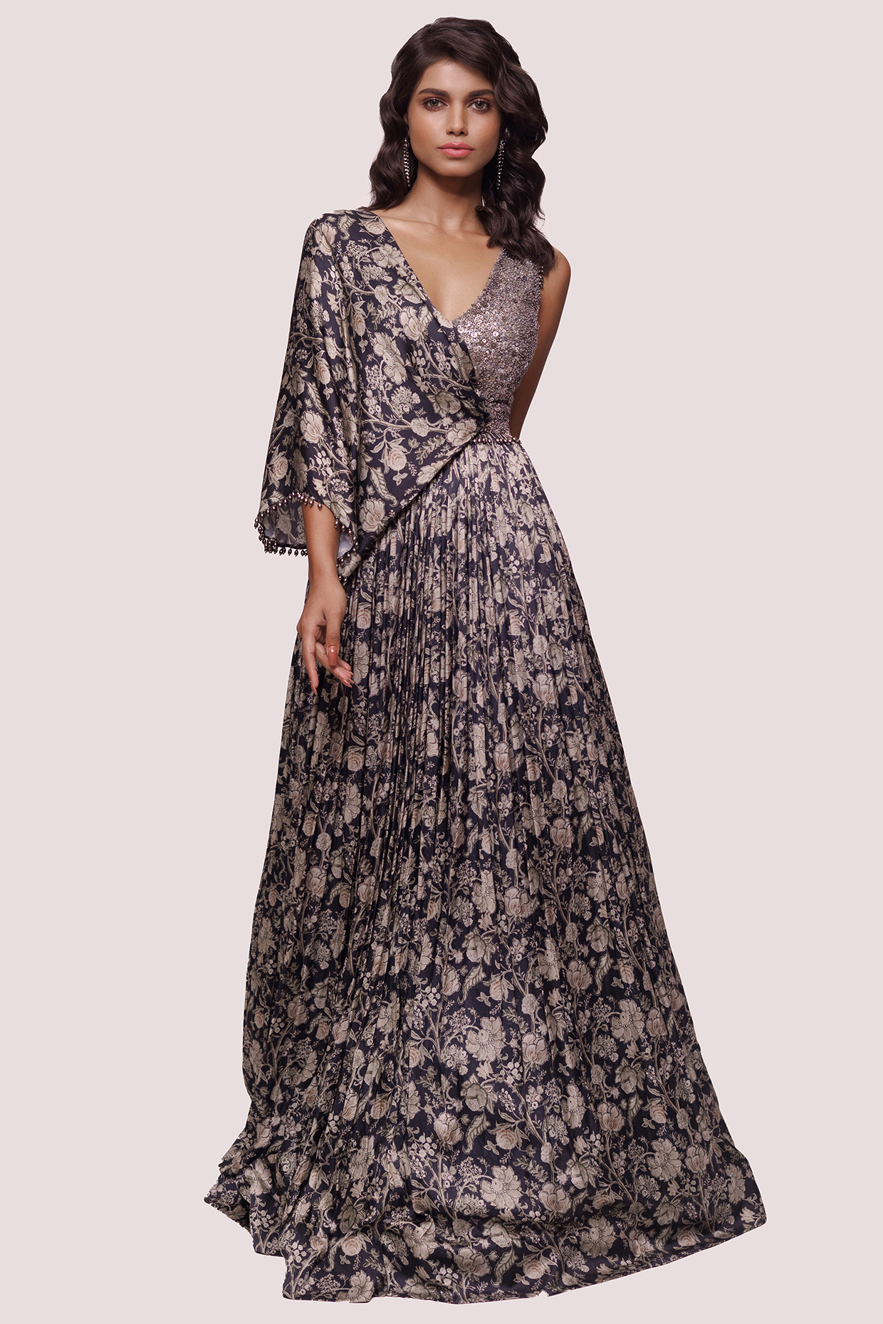 Black & White Satin Printed & Embellished Gown by Onaya