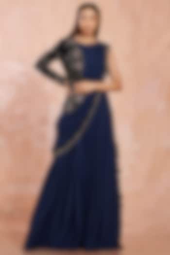 Midnight Blue Saree Gown With One-Shoulder Jacket by Onaya