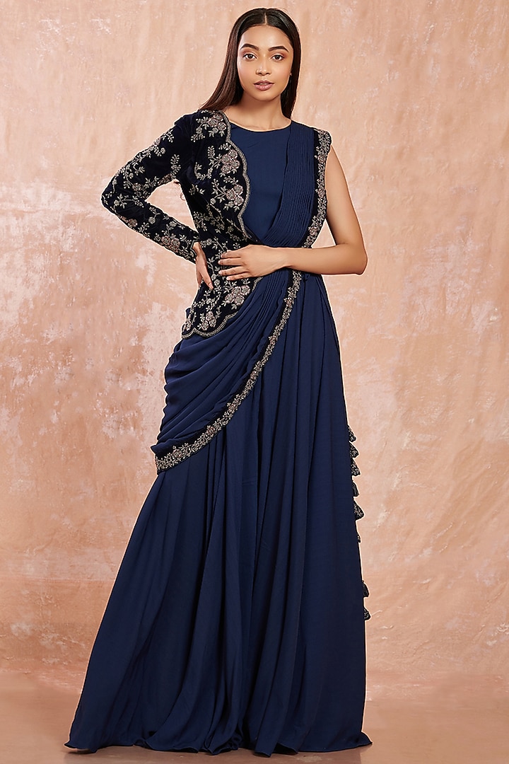 Midnight Blue Saree Gown With One-Shoulder Jacket by Onaya