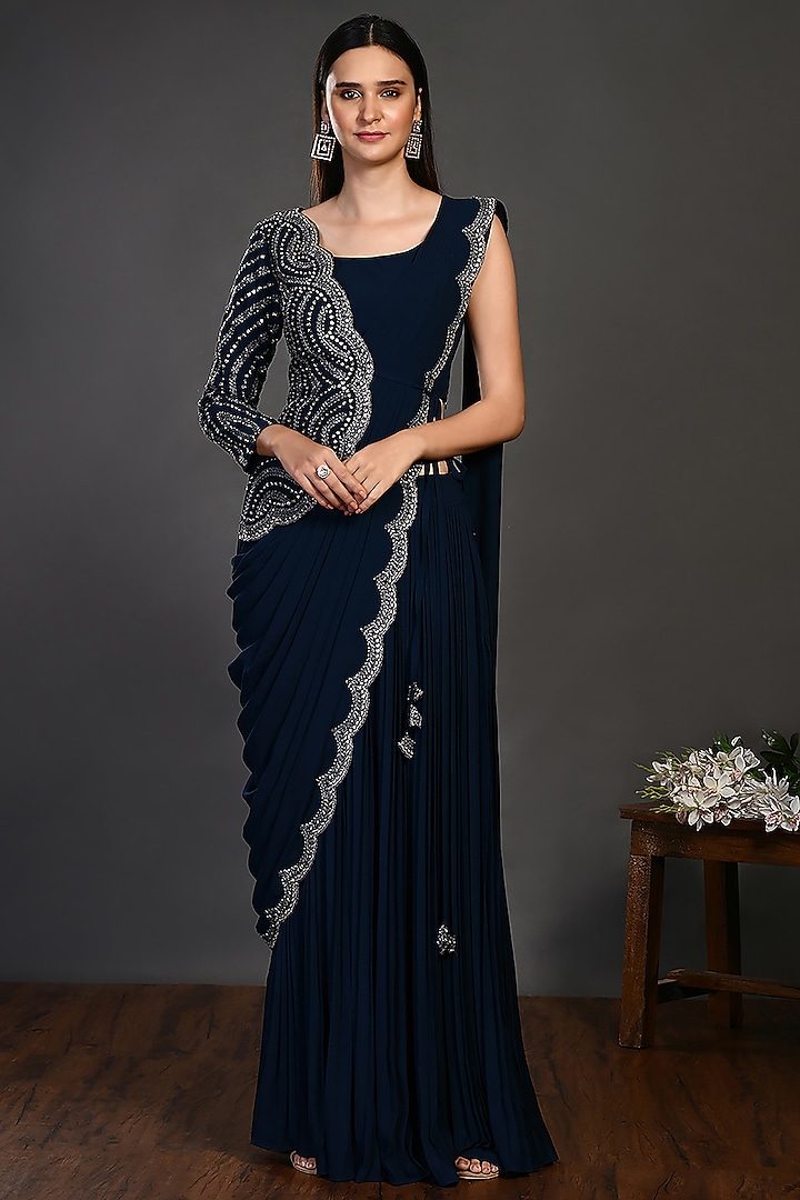 Navy Blue Embroidered Saree Set by Onaya at Pernia's Pop Up Shop