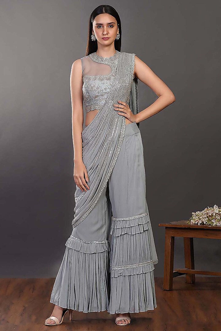 Grey Embroidered Pant Saree Set by Onaya