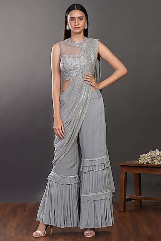 Grey Embroidered Pant Saree Set by Onaya