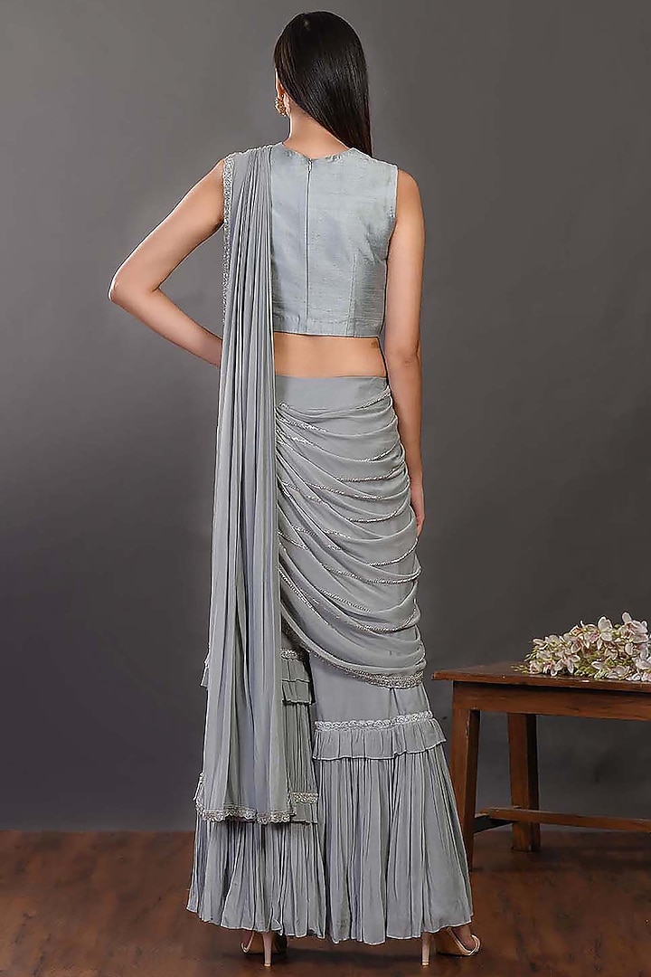 Grey Embroidered Pant Party Wear Saree Set by Onaya at Pernia's Pop Up Shop